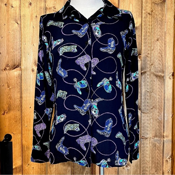 Lady Reiner Medium Black Long Sleeve Button Up Western Cowgirl Shirt Lasso Boots - Picture 2 of 6
